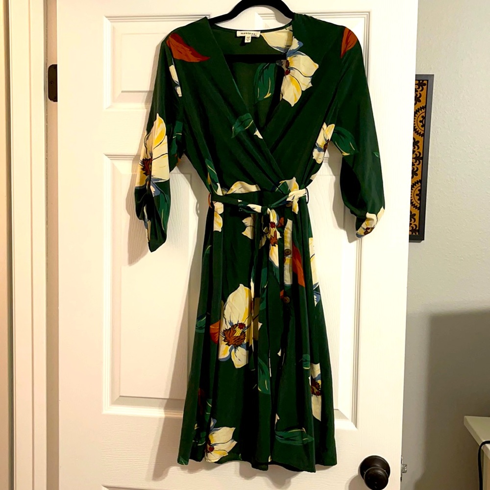 Green floral dress faux wrap